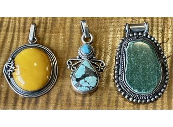 (3) Pendants - Sterling And Yellow Baltic Amber, Sterling Silver Turquoise, And Metal Green Stone