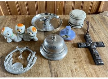 Vintage Eclectic Lot - Pincherette Elephant Ash Tray, Japan Dogs, Scrimshaw Trinket Dish, Bell, Rycraft