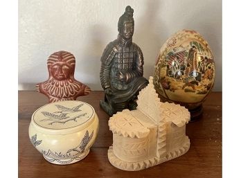 Vintage Terracotta Chinese Warrior With Painted Ceramic Egg, Scrimshaw Box, Trinket Dish, And More