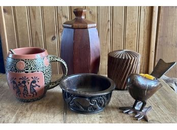 Vintage Lot - Wood Tea Caddy Box, Azul Pottery Cup And Spoon, Metal Bird Tea Light, And Hand Carved Bowl