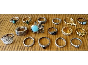 Large Lot Of Silver Tone And Gold Tone Rings - 18k HGE, Elephant, Rhinestones, And More