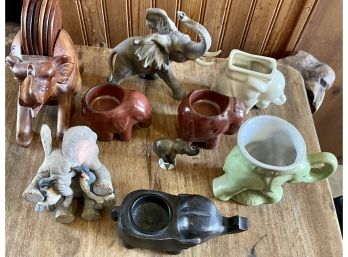 Elephant Lot - Wood, Pottery, And Resin - Henry, Andrea By Sadek, Frankoma 1981, Wood Coaster Set, And More