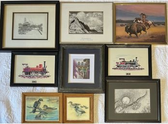 (9) Assorted Small Prints In Frame - Dave Steen Locomotives, Ansel Adams, Tile Ducks, And More