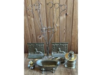 Pair Of Sarn Brass India Candle Holders, Brass Picture Holder, Sterno, Egyptian Bookends And Enamel Shaker