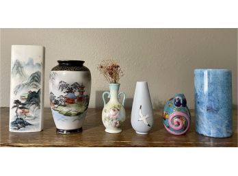 Asian Decor Lot - Vase, Soapstone Figurine, Stone Vase, & Laurel Buch Fish Feline