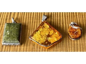 (3) Vintage Pendants - (2) Sterling Silver And Amber And (1) Unakite