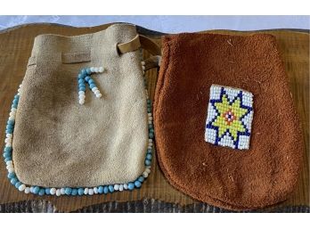 (2) Vintage Leather Medicine Bags With Seed Bead Trim