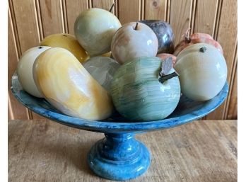 Vintage Collection Of Colorful Carved Stone Fruit With Pottery Dish ( As Is )