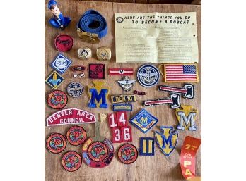 1950s Boy Scouts Of America Lot - Cub Scout Belt, Bobcat Pamphlet , Figurine, Scarf Slides, And Patches
