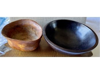 (2) Antique Wood Bowls - Burled Wood Hand Carved And Black Finish