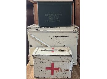 (3) Vintage Metal Boxes - 556 Ammunition, Medical