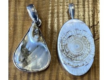 (2) Sterling Silver Pendants - Faux Ammonite And Mother Of Pearl Shell