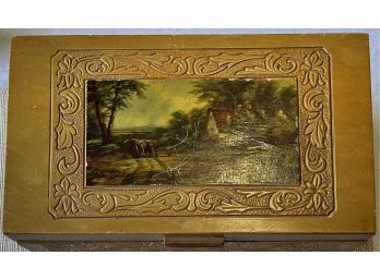 Vintage Carved Dove Tail Wood Jewelry Box With Mirror And Cottage Scene Front