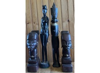 Pair Of Ebony Wood Female Bust Bookends With (2) 14 Inch Carved Figurines - Besmo Kenya