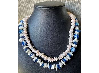 Pink Coral Chip Bead Necklace And A Blue Shell And Art Glass Bead Necklace