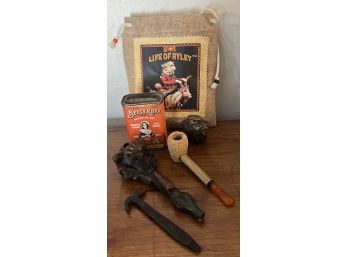 Vintage And Antique Lot Including Pottery And Corn Cob Pipers, Betsy Ross Tea Tin, And Columbia Cigar Hammer