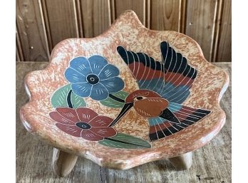 Hand Painted Pottery Three Legged Bowl - Humming Bird And Flowers