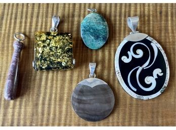(5) Vintage Sterling Silver, Stone, Shell, And Acrylic Pendants