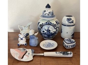 Collection Of Vintage Blue Pottery Including Deft Holland Lidded Canister, Creamer, Heart Dish, And More