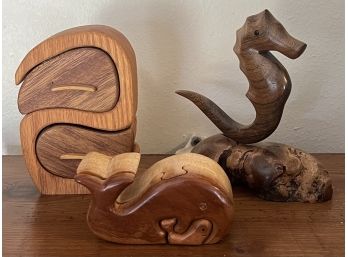 Wood Lot - Ellen Trinket And Whale Puzzle Boxes With Padock On Manzanita Signed Figurine