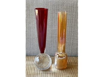 Controlled Bubble Art Glass Bud Vase And Carnival Glass Bud Vase