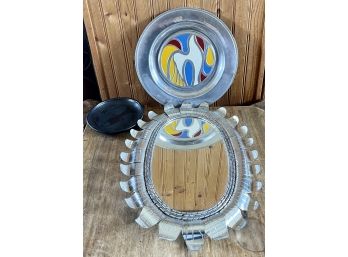 York Metal Crafters Pewter And Enamel Tray With Mexico Aluminum Sunflower Mirror And Pottery Etched Fish Dish