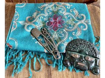 Embroidered Scarf With (3) Blanket Safety Pins, And Metal Pendant