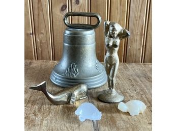 Vintage Brass And Stone Lot - Female Bottle Opener, Bell, Whale, & (2) Stone Turtle