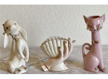 Vintage Lefton Dog Figurine, Cat Figurine, And A HB Japan Hand Shell Planter