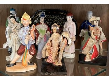 (8) Vintage Japanese Material And Ceramic Figurines With Tin Tray - Lefton And More