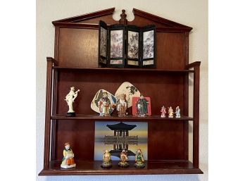 Vintage Colonial Style 3 Tier Wall Hanging Shelf With Chinese Figurines, Folding Panel, And Fans