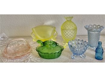 Vintage Glass Lot - Pineapple Dish, Opalescent Vase, Coy Handled Vase, Turtle Dish, Basket