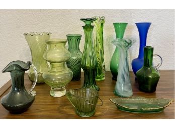 MC Hand Blown And Green Glass Lot - Vases, Perfume Bottles, Pitchers, And More