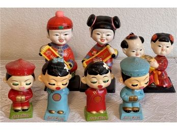 (2) Sets Of Chinese Bobble Head 1950's Magnetic Kissing Doll Banks And (3) Chinese Bobble Head Dolls