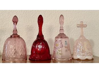 (4) Vintage Fenton Etched And Hand Painted Bells - Pink Iridescent, Red, Bible Church