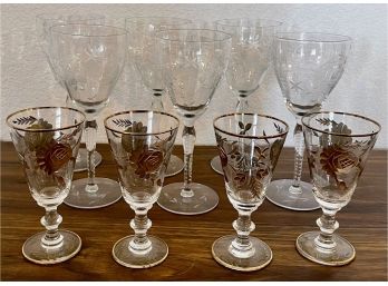 Antique Lot Of Etched Wine Glasses And Cordial Glasses
