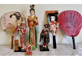 Vintage Geisha Doll Lot Brocade Clothing On Bases With (2) Fans