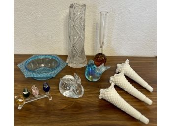 Vintage Art Glass Lot - (3) Fenton Epergnes, Controlled Bubble Bunny, Crystal Bird Figurine, Lead Crystal Vase