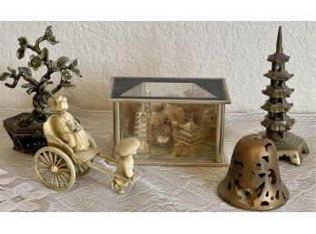Brass, Enamel, And Shadow Box Asian Decor Lot - Paperweight, Leo Trinket Dish, Pagoda, Bells, And More