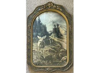 Antique W. A. Carson Forest Landscape Print With Ornate Gold Tone Convex Glass Frame