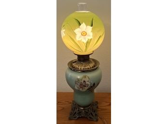 Vintage Hand Painted Brass Hurricane Lamp With Green Art Glass Globe