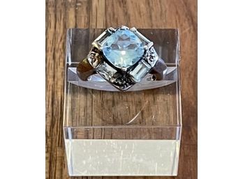 Vintage Large Blue Topaz Faceted Sterling Silver Ring Size 6.5  With Side Baguettes