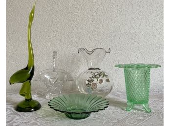 Vintage Glass Lot - Art Glass Crane, Hand Painted Floral Vase, Crystal Handled Vase, And More