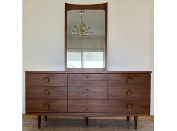 Mid-Century Modern Wood And Pionite Laminate Finish 9-drawer Peg Leg Mirrored Dresser With Brass Pulls