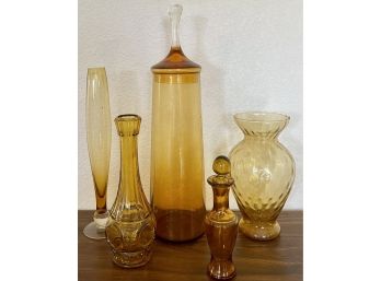 MCM Amber Art Glass Lot - Perfume Bottle, Vases, Large Lidded Dish, And More