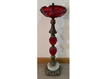 Vintage Brass And Red Glass Pedestal Ash Tray (as Is)