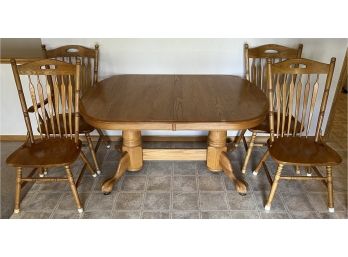 Vintage Solid Oak Double Pedestal Base Claw Foot Dining Room Table With (4) Matching Ladderback Chairs