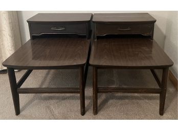 Pair Of Vintage Mersman Laminate Top 2-tier Single Drawer Side Tables (as Is)