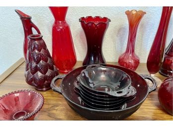 Red Art Glass Lot - Berry Bowl Set, Blown Glass Vases, Candle Holders, Ewer, Wheaton, And More