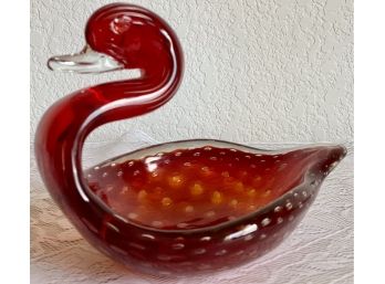 Vintage Murano Art Glass Red Controlled Bubble Swan Candy Dish